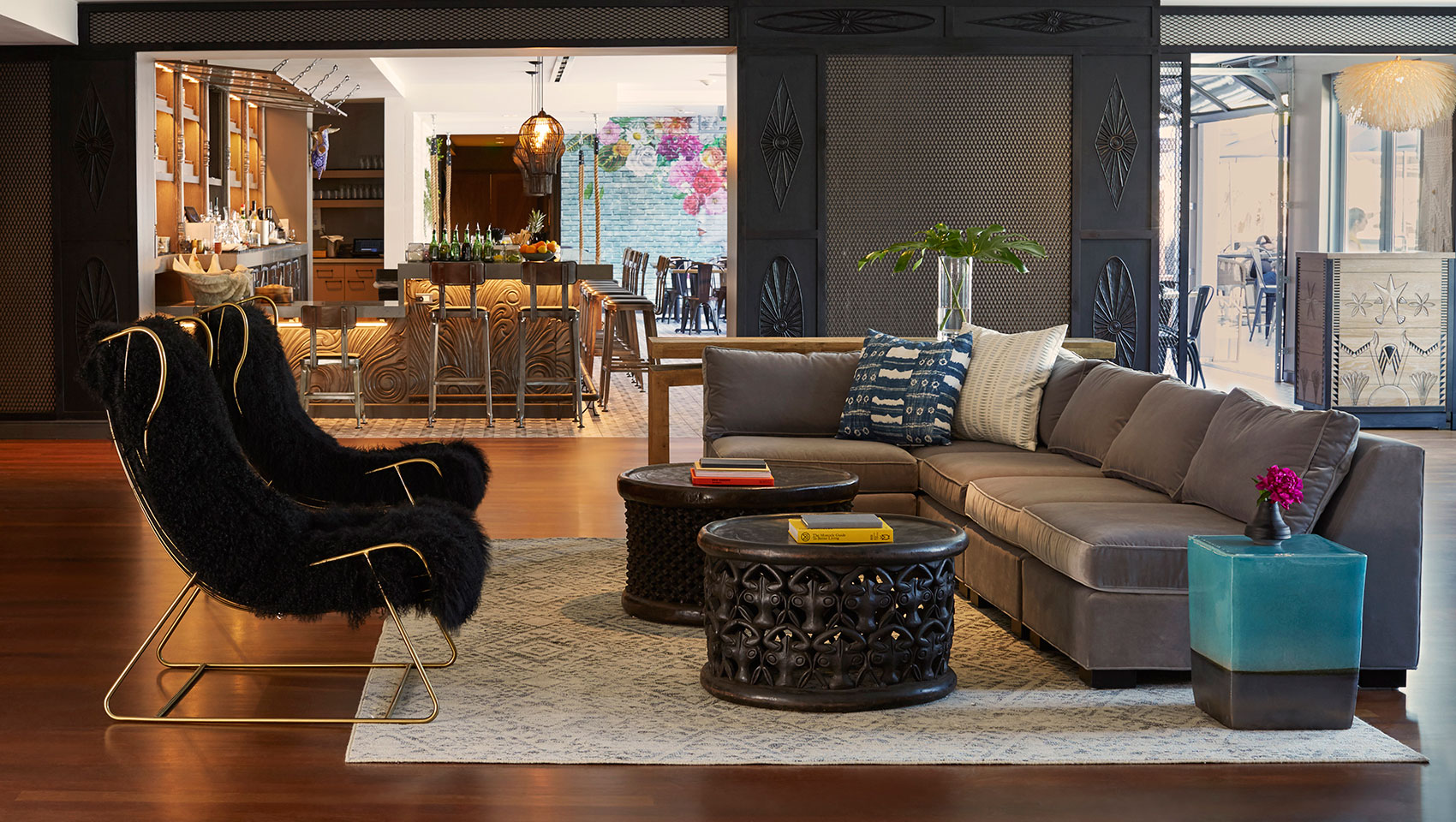 Lobby seating with view of Pacific Hideaway at Kimpton Shorebreak Resort